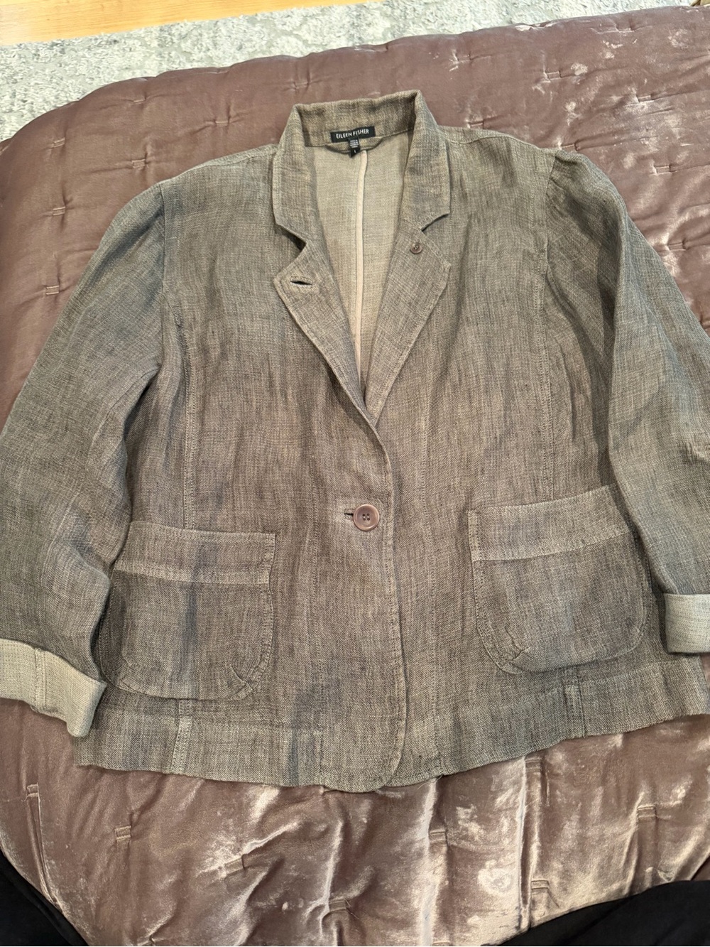 Eileen Fisher Olive-Gray Organic Linen Tailored Blazer